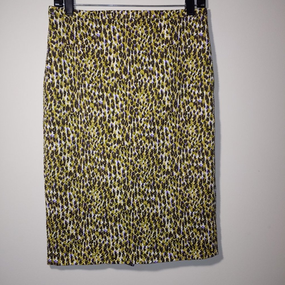 J.Crew Pencil Cheetahs Print Stretch Skirt Size 4 Purple Yellow Olive Gr…